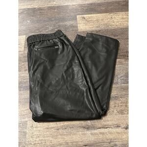 Anne Klein Womens Black Elastic Waist Straight Leg Faux Leather Pants Size Large